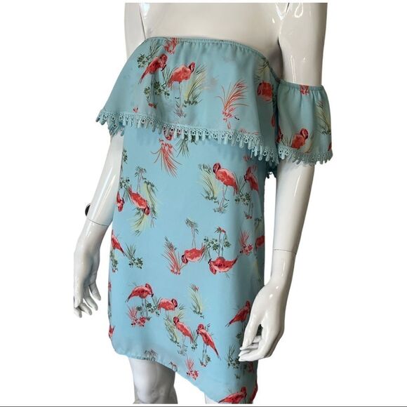 Everly off the shoulder summer dress pink flamingos Dress size Small - Picture 2 of 9
